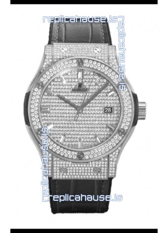 Hublot Classic Fusion Automatic Steel Diamonds Paved Dial Grey Strap 42MM Superclone Replica Watch 