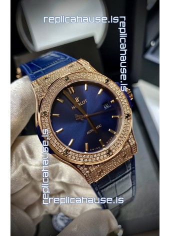 Hublot Classic Fusion Diamonds Rose Gold Steel Blue Dial Swiss Replica Watch 1:1 Mirror Quality