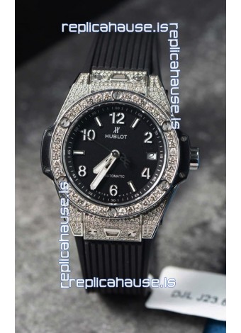 Hublot Big Bang One Click Mossanites Paved Casing Swiss Replica Watch Black Dial