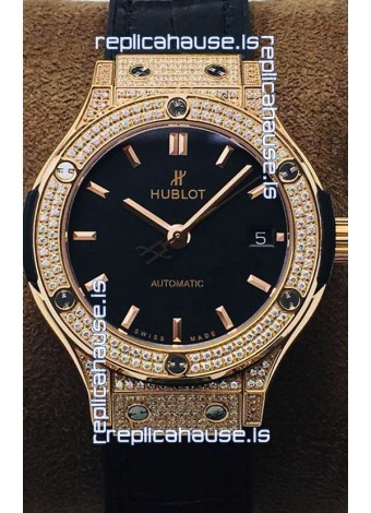 Hublot Classic Fusion Diamonds Rose Gold Black Dial 38MM Swiss Replica Watch 1:1 Mirror Quality