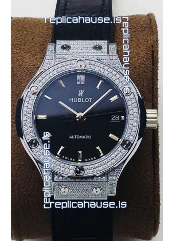 Hublot Classic Fusion Diamonds Steel Black Dial 38MM Swiss Replica Watch 1:1 Mirror Quality