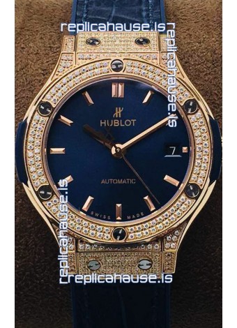 Hublot Classic Fusion Diamonds Rose Gold Blue Dial 38MM Swiss Replica Watch 1:1 Mirror Quality