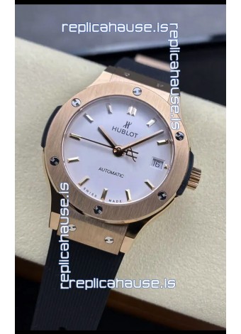 Hublot Classic Fusion 1:1 Mirror Replica Swiss Watch in Rose Gold 904L Steel Casing White Dial 38MM