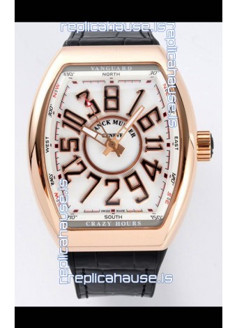 Franck Muller Vanguard Crazy Hours in Rose Gold Plating - White Dial Swiss Replica Watch 