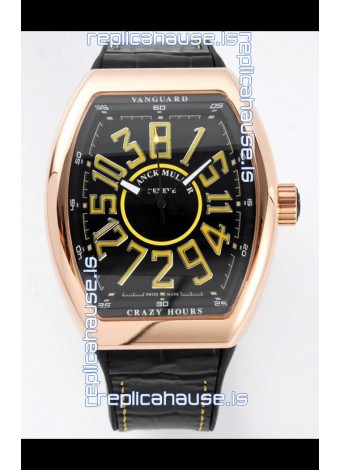 Franck Muller Vanguard Crazy Hours in Rose Gold Plating - Black Dial Swiss Replica Watch 