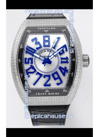 Franck Muller Vanguard Crazy Hours in Stainless Steel Diamonds - White Dial Swiss Replica Watch 