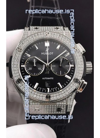 Hublot Classic Fusion Chronograph Steel Diamonds Casing Black Dial 1:1 Mirror Replica Watch 
