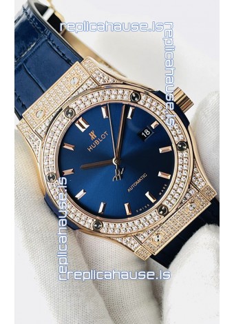 Hublot Classic Fusion Diamonds Rose Gold Steel Blue Dial Swiss Replica Watch 1:1 Mirror Quality 