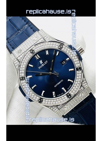 Hublot Classic Fusion Stainless Steel Diamonds Blue Dial Swiss Replica Watch 1:1 Mirror Quality 