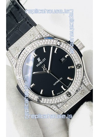 Hublot Classic Fusion Stainless Steel Diamonds Black Dial Swiss Replica Watch 1:1 Mirror Quality 