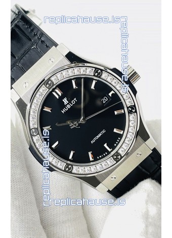 Hublot Classic Fusion Stainless Steel Black Dial Swiss Replica Watch 1:1 Mirror Quality 