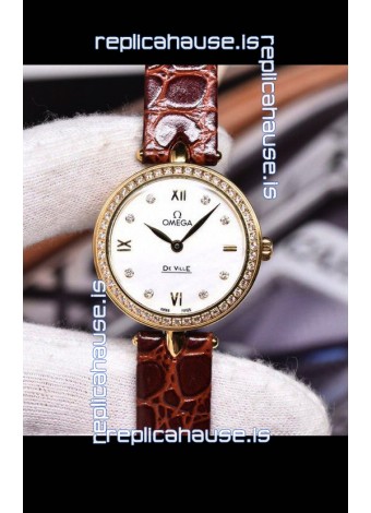 Omega De Ville Prestige Dewdrop Edition Swiss Quartz Watch in Rose Gold Brown Strap