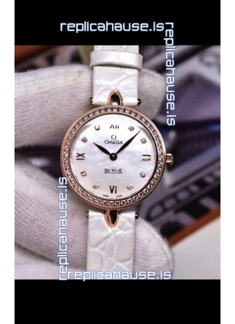 Omega De Ville Prestige Dewdrop Edition Swiss Quartz Watch in Rose Gold White Strap