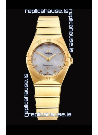 Omega Constellation Ladies Swiss Quartz 1:1 Mirror Replica - Yellow Gold Casing White Pearl Dial