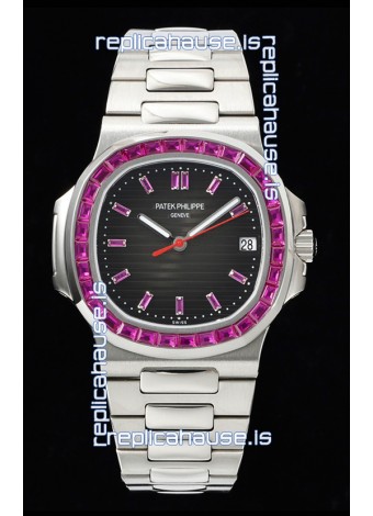 Patek Philippe Nautilus 5711 Black Dial 1:1 Mirror Replica in 904L Steel with Rubies Bezel
