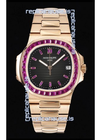 Patek Philippe Nautilus 5711 Black Dial 1:1 Mirror Replica in Rose Gold 904L Steel with Rubies Bezel