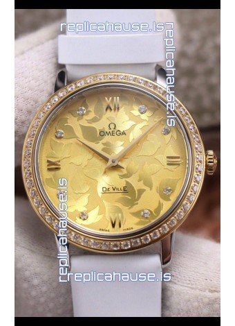 Omega De Ville Floral Dial Swiss Quartz Movement in Two Tone Casing - Gold Dial