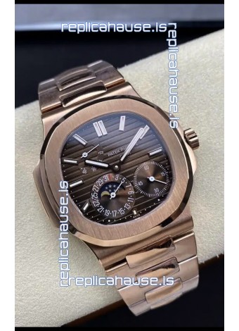 Patek Philippe Nautilus 5712/R 1:1 Quality Swiss Replica Watch in Brown Dial Rose Gold Strap