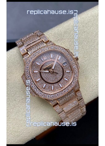 Patek Philippe Nautilus 7010 Diamonds Paved Rose Gold 32MM 1:1 Mirror Replica - Genuine Diamonds