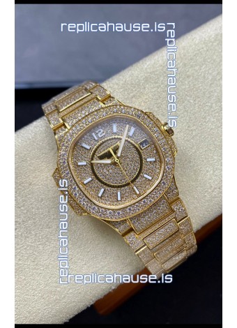 Patek Philippe Nautilus 7010 Diamonds Paved Yellow Gold 32MM 1:1 Mirror Replica - Genuine Diamonds