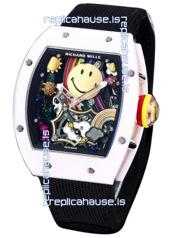 Richard Mille RM088 Smiley Tourbillon White Ceramic Casing Black Nylon Strap Replica Watch 