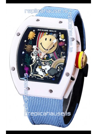 Richard Mille RM088 Smiley Tourbillon White Ceramic Casing Blue Nylon Strap Replica Watch 