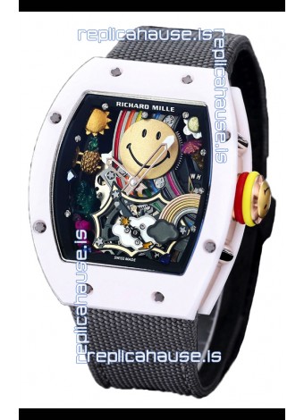 Richard Mille RM088 Smiley Tourbillon White Ceramic Casing Grey Nylon Strap Replica Watch 