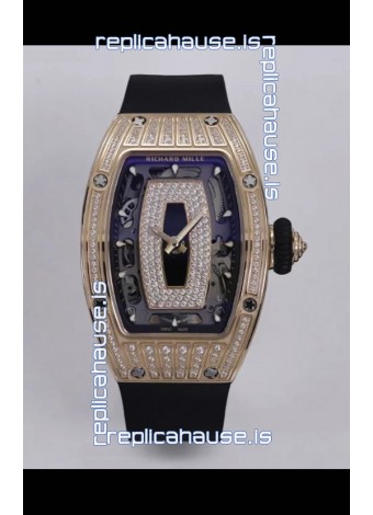 Richard Mille Super Clone RM07-01 Diamonds Paved 904L Rose Gold Casing Automatic Replica Watch