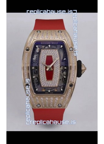 Richard Mille Super Clone RM07-01 Diamonds Paved 904L Rose Gold Casing Automatic Replica Watch