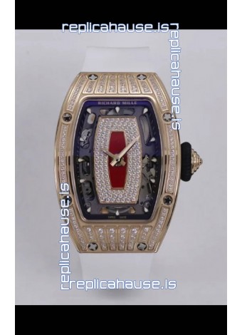 Richard Mille Super Clone RM07-01 Diamonds Paved 904L Rose Gold Casing Automatic Replica Watch