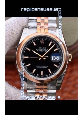 Rolex Datejust 36MM Cal.3135 Movement Swiss Replica Watch in 904L Steel Two Tone Casing Black Dial