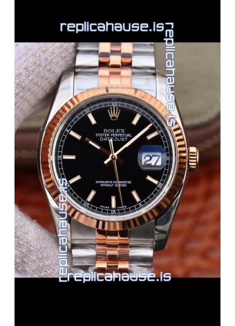 Rolex Datejust 36MM Cal.3135 Movement Swiss Replica Watch in 904L Steel Two Tone Casing Black Dial