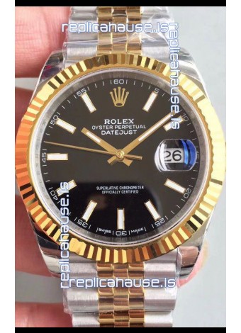 Rolex Datejust 41MM Cal.3135 Movement Swiss Replica Watch in 904L Steel Two Tone Black Dial