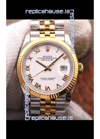 Rolex Datejust 36MM Cal.3135 Movement Swiss Replica Watch in 904L Steel Two Tone Casing White Dial
