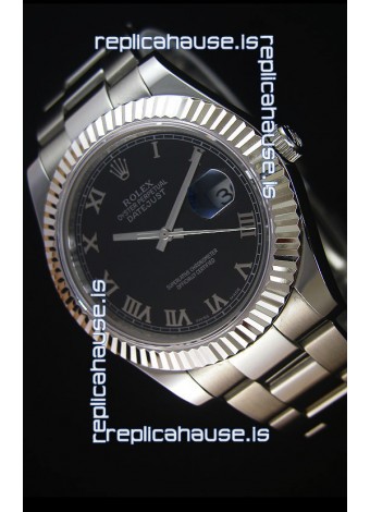 Rolex Datejust Japanese Replica Watch - Black Dial Roman Markers in 41MM with Oyster Strap