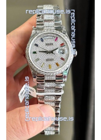 Rolex Day Date Super Clone White Gold Plated Custom Modified Diamonds Paved Watch 
