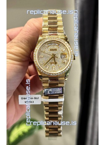 Rolex Day Date Super Clone Yelllow Gold Plated Custom Modified Diamonds Paved Watch 