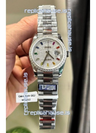 Rolex Day Date Super Clone White Gold Plated Custom Modified Diamonds Paved Watch 