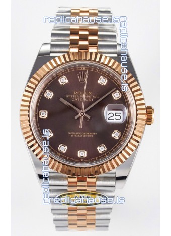 Rolex Super Clone Datejust ETA 3235 Movement 41MM Two Tone Rose Gold Plating Brown Dial Watch