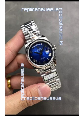Rolex Day Date Super Clone Stainless Steel Blue Dial Large Roman Numerals Watch 36MM - 1:1 Mirror Quality