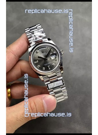 Rolex Day Date Super Clone Stainless Steel Grey Dial Diamonds Numerals Watch 36MM - 1:1 Mirror Quality
