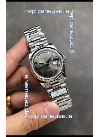 Rolex Day Date Super Clone Stainless Steel Grey Dial Roman Numerals Watch 36MM - 1:1 Mirror Quality