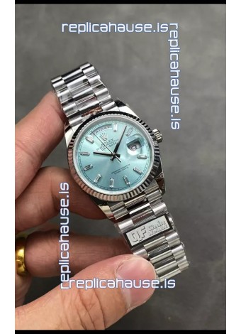 Rolex Day Date Super Clone Stainless Steel Ice Blue Dial Crystal Numerals Watch 36MM - 1:1 Mirror Quality