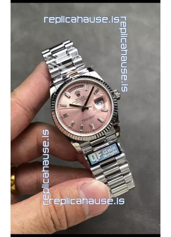 Rolex Day Date Super Clone Stainless Steel Pink Dial Crystal Numerals Watch 36MM - 1:1 Mirror Quality