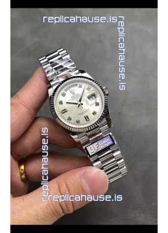 Rolex Day Date Super Clone Stainless Steel Silver Dial Diamonds Numerals Watch 36MM - 1:1 Mirror Quality