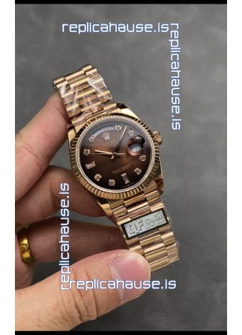 Rolex Day Date Super Clone Rose Gold Brown Dial Diamonds Numerals Watch 36MM - 1:1 Mirror Quality