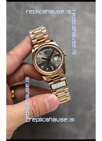 Rolex Day Date Super Clone Rose Gold Grey Dial Diamonds Numerals Watch 36MM - 1:1 Mirror Quality
