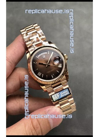 Rolex Day Date Super Clone Rose Gold Brown Dial Roman Numerals Watch 36MM - 1:1 Mirror Quality