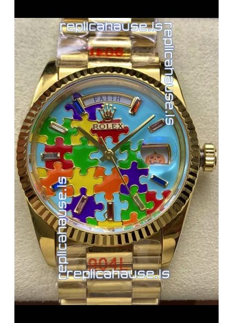 Rolex Day Date Emoji Jig-Saw Puzzle Yellow Gold Casing Swiss Replica Watch 