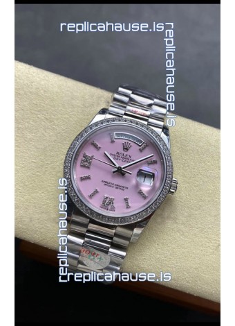 Rolex Day Date Super Clone Stainless Steel Pink Dial Diamonds Numerals Watch 36MM - 1:1 Mirror Quality